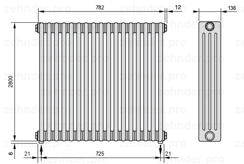 Схема (чертеж) Радиатор Zehnder Charleston 4280/17 №3570 Белый глянцевый RAL 9016